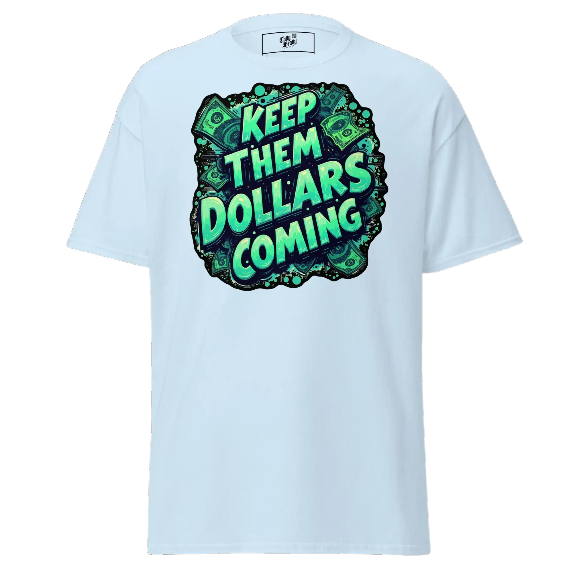 Light blue t-shirt with money graphic.