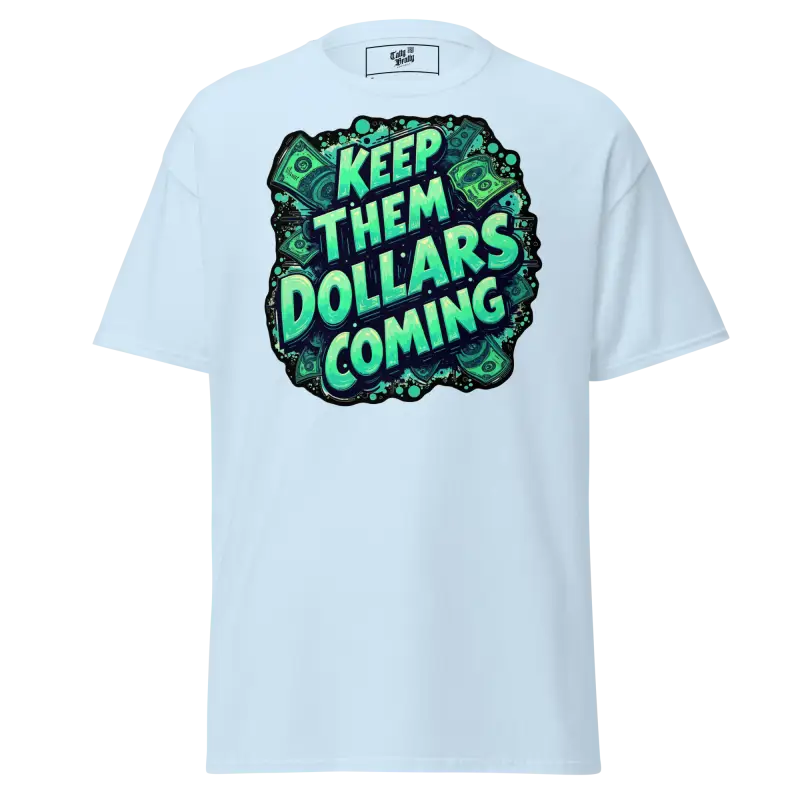 Light blue t-shirt with money graphic.