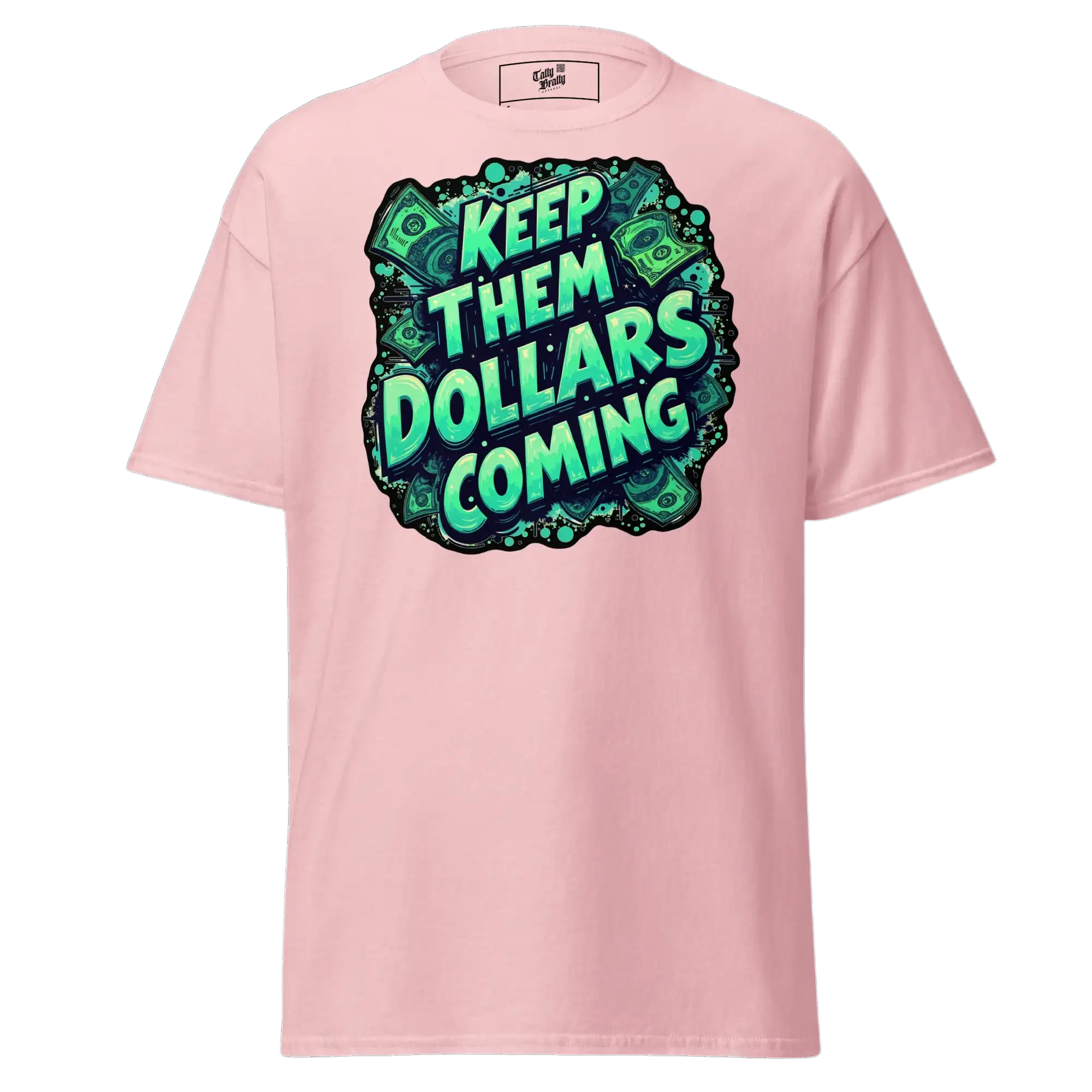 Pink t-shirt with money graphic.