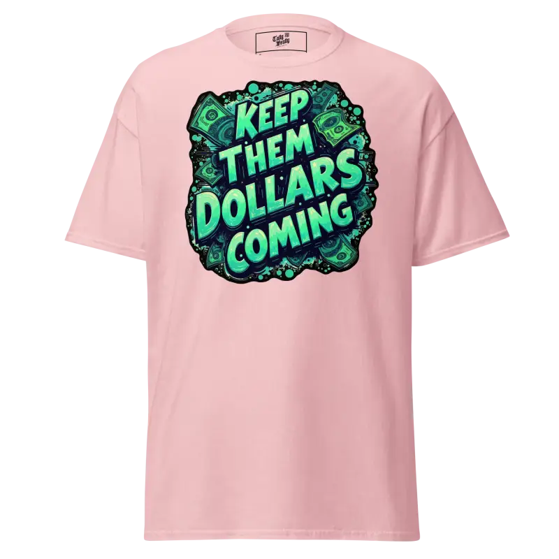 Pink t-shirt with money graphic.
