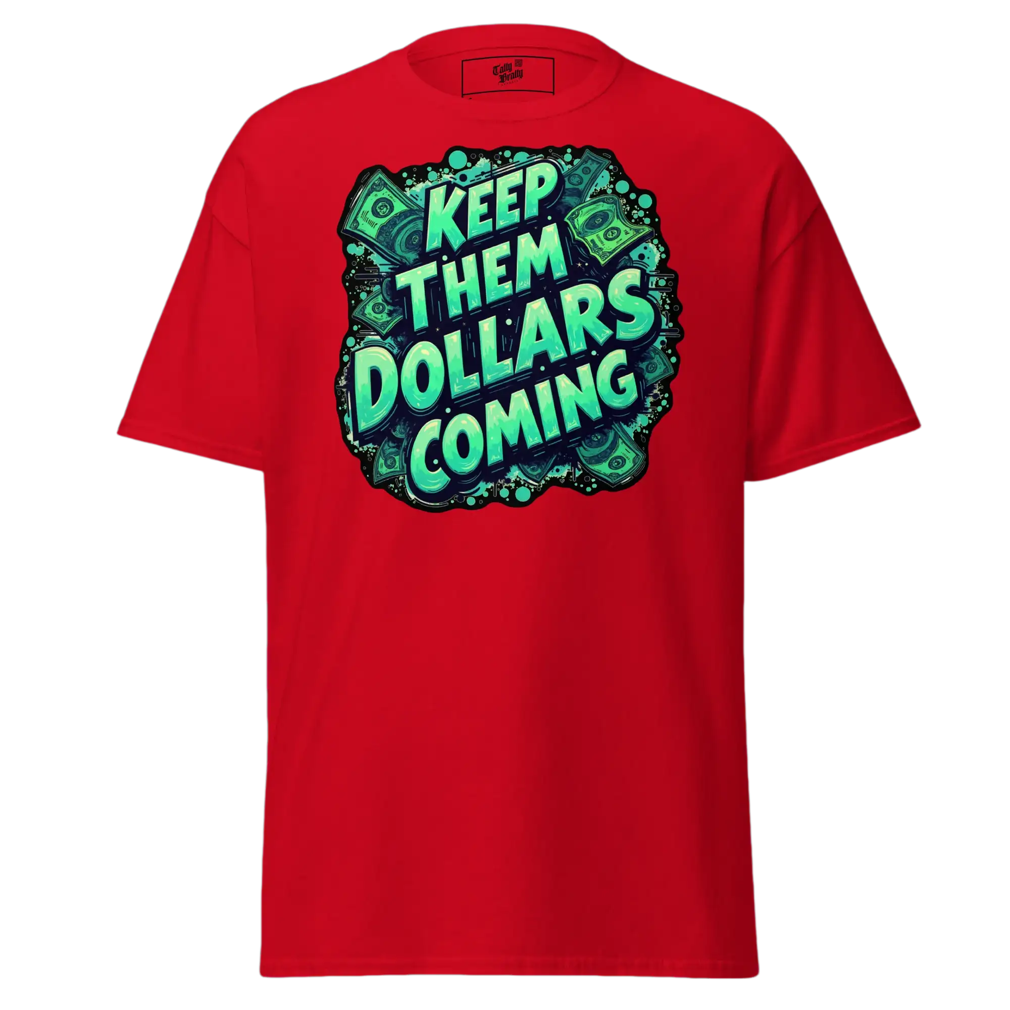 Red t-shirt with money graphic.