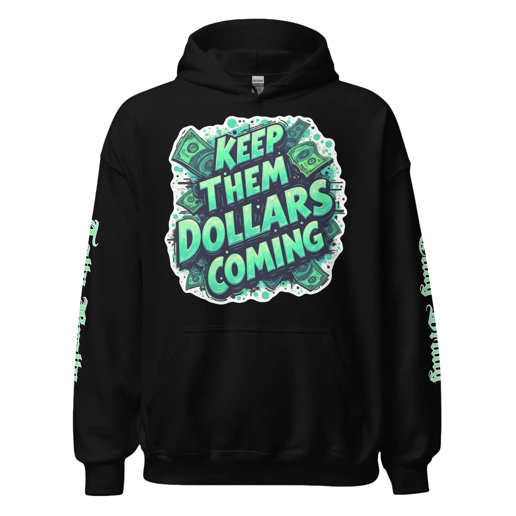 Black hoodie with money graphic.