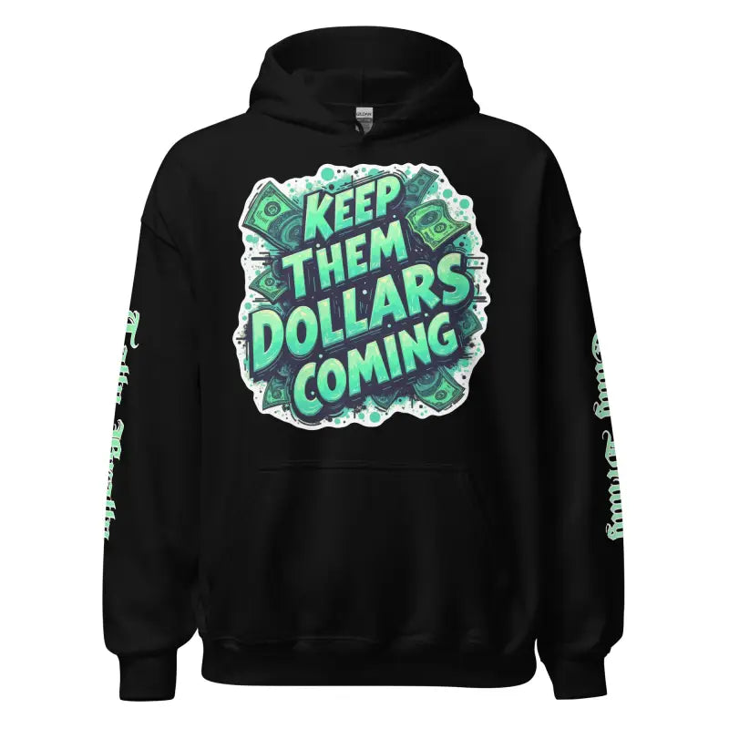 Black hoodie with money graphic.