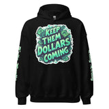 Black hoodie with money graphic.