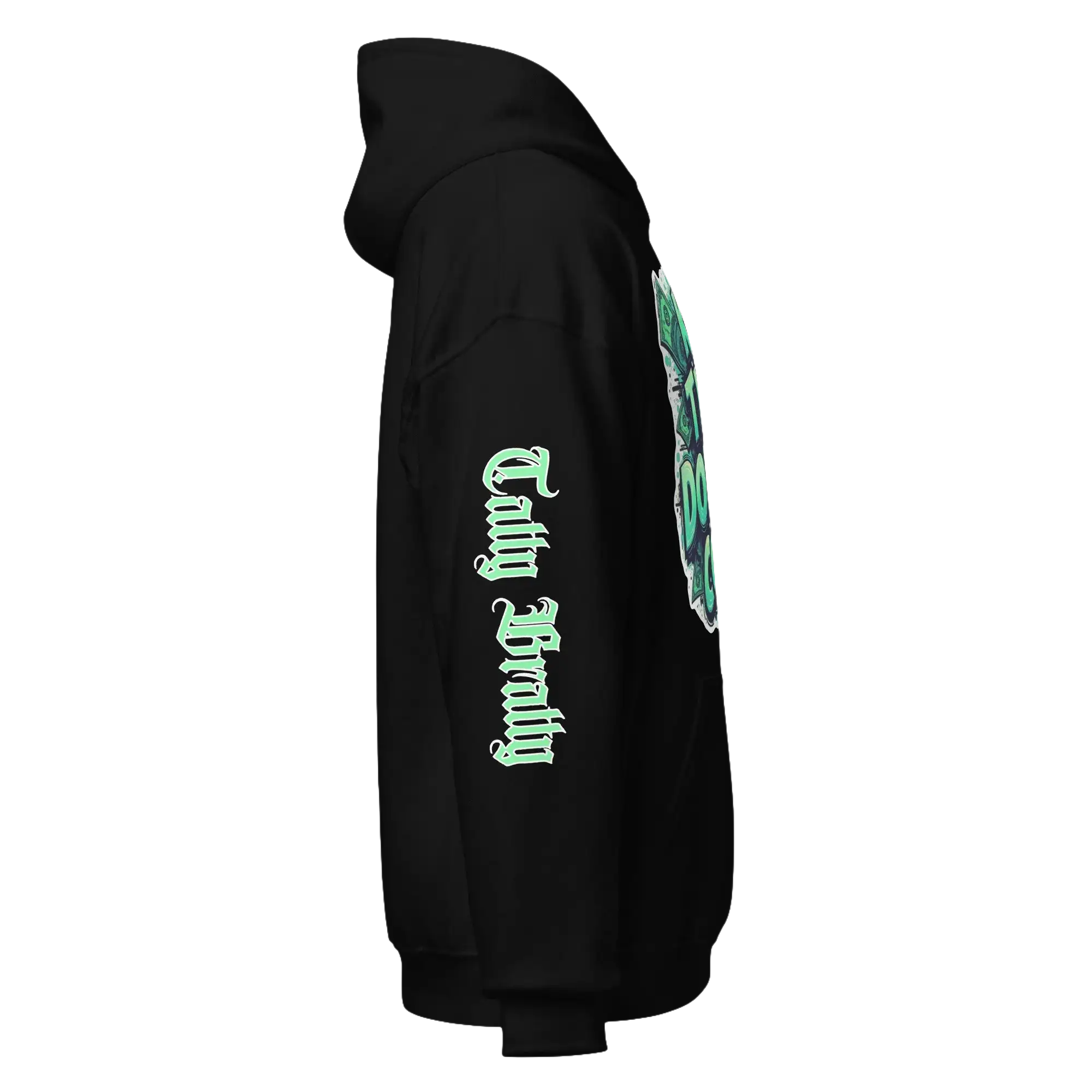 Black hoodie with green graphics.
