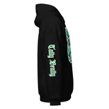 Black hoodie with green graphics.