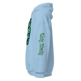Light blue hoodie.