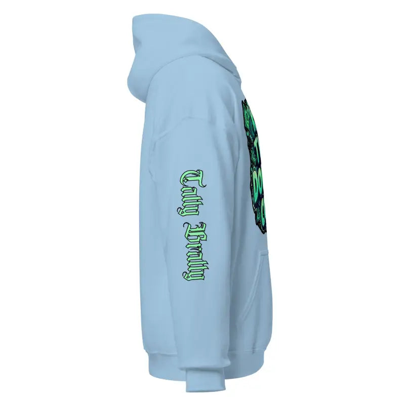 Light blue hoodie.