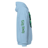 Light blue hoodie.