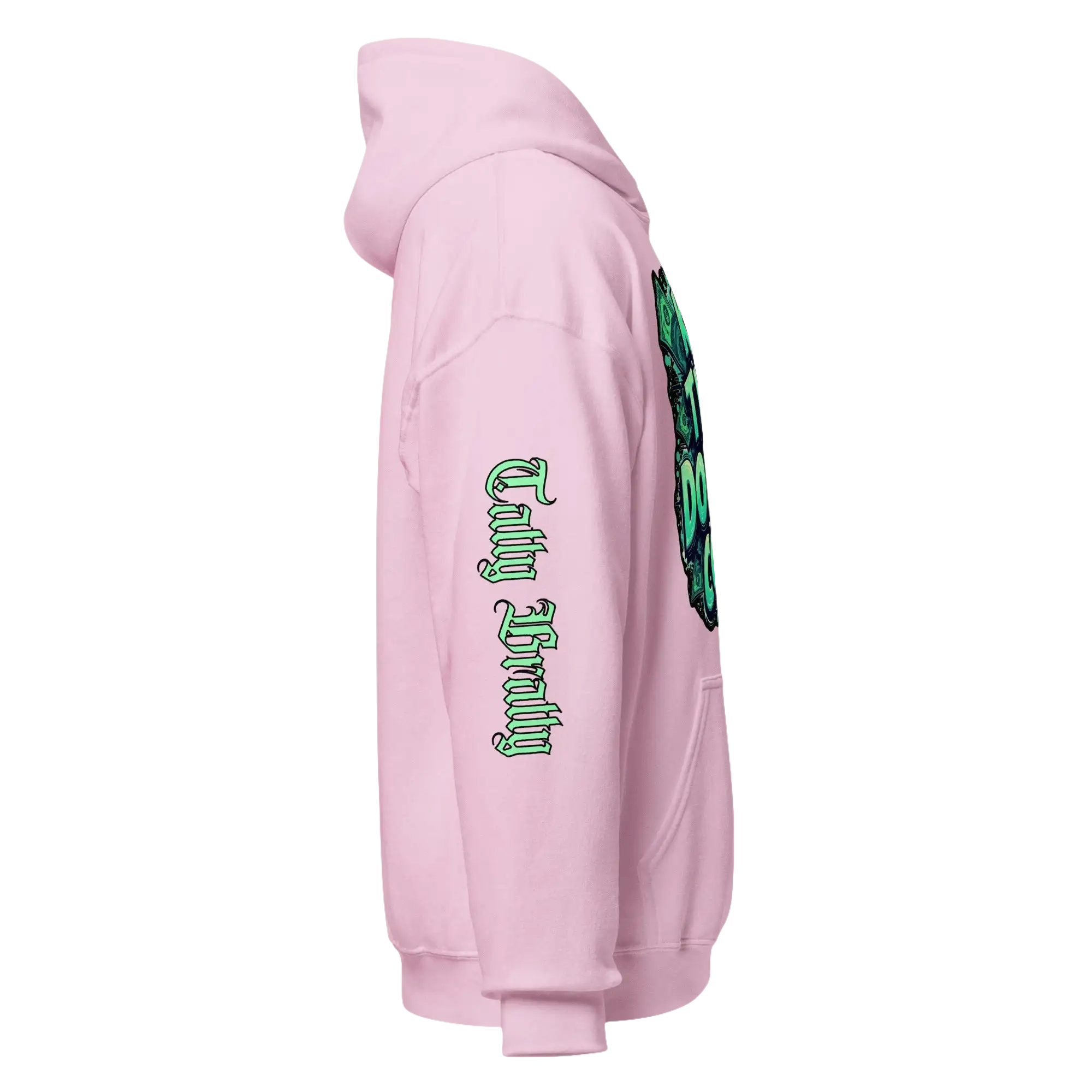 Pink hoodie with green graphics.