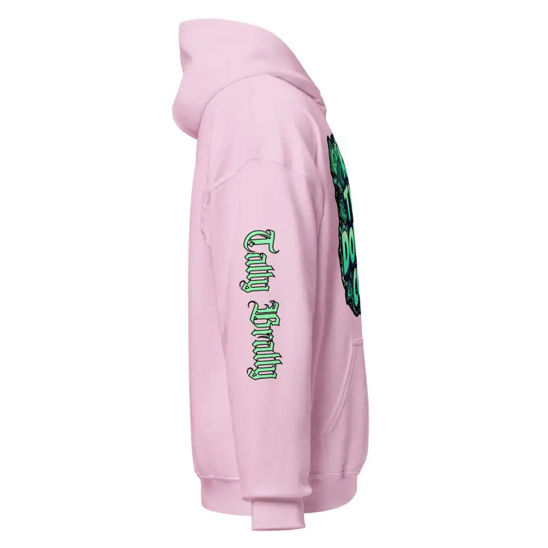 Pink hoodie with green graphics.