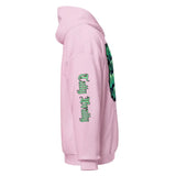 Pink hoodie with green graphics.