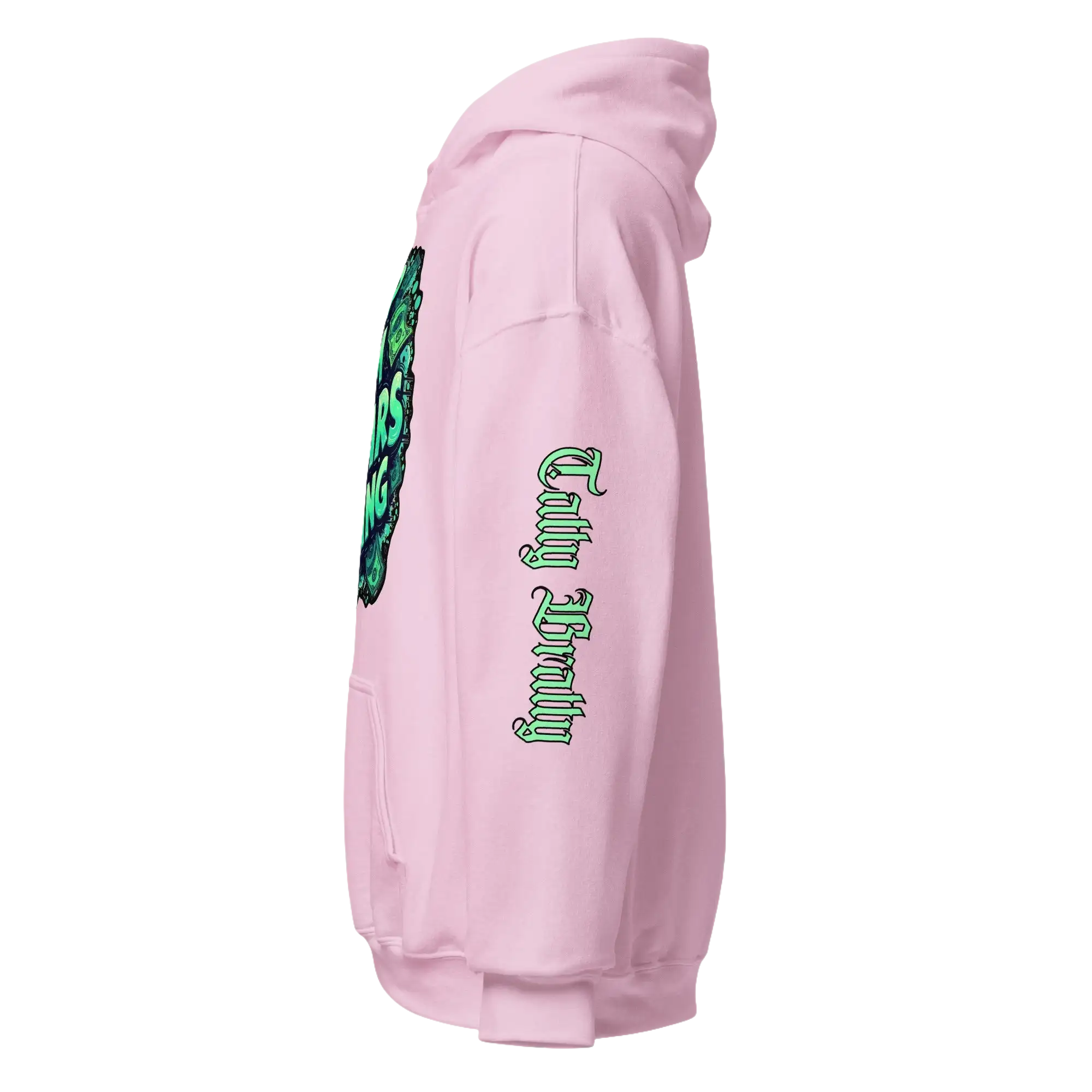 Pink hoodie with green graphics.