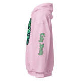 Pink hoodie with green graphics.
