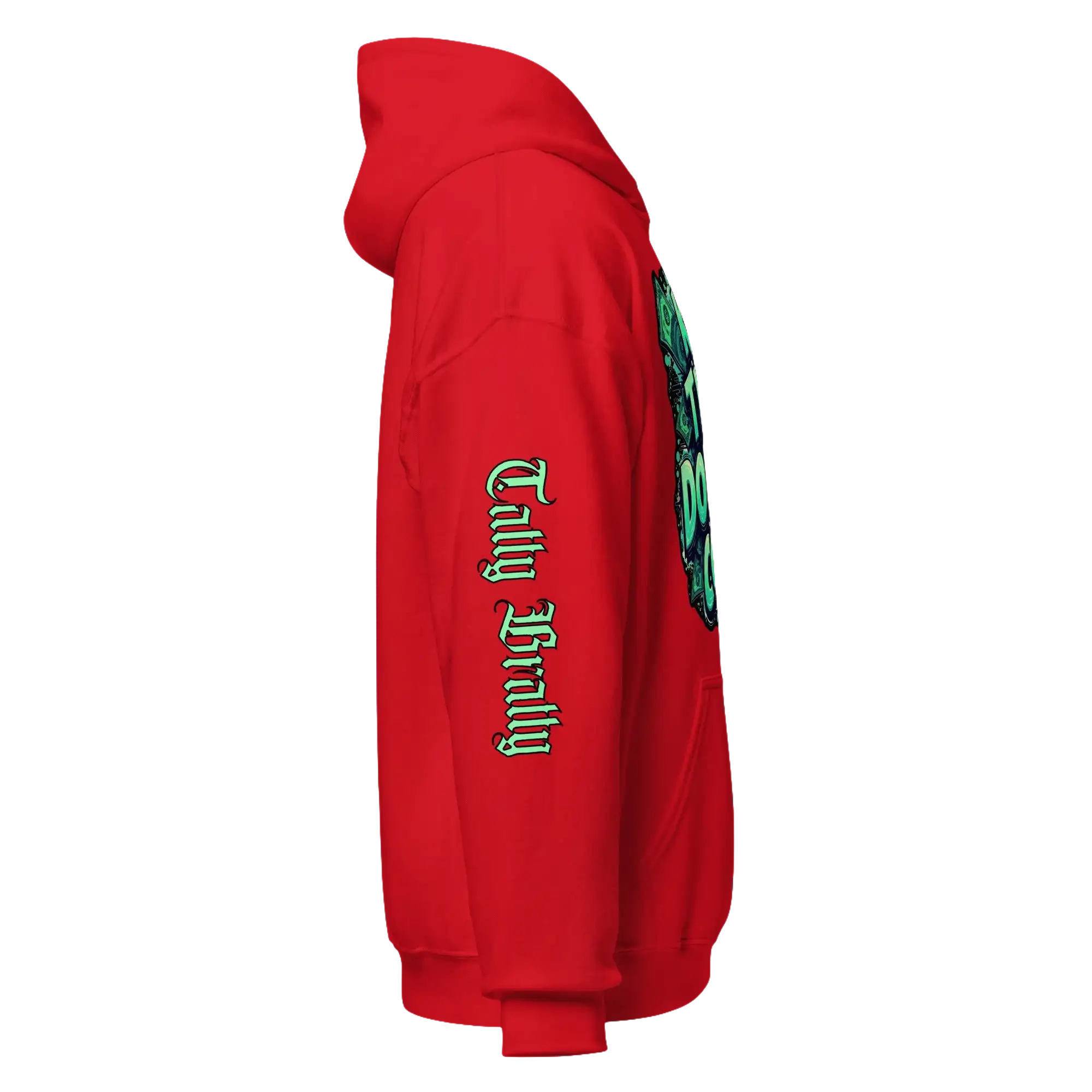 Red hoodie with green graphics.