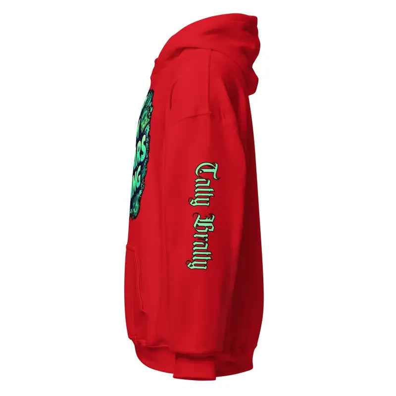Red hoodie with green text.