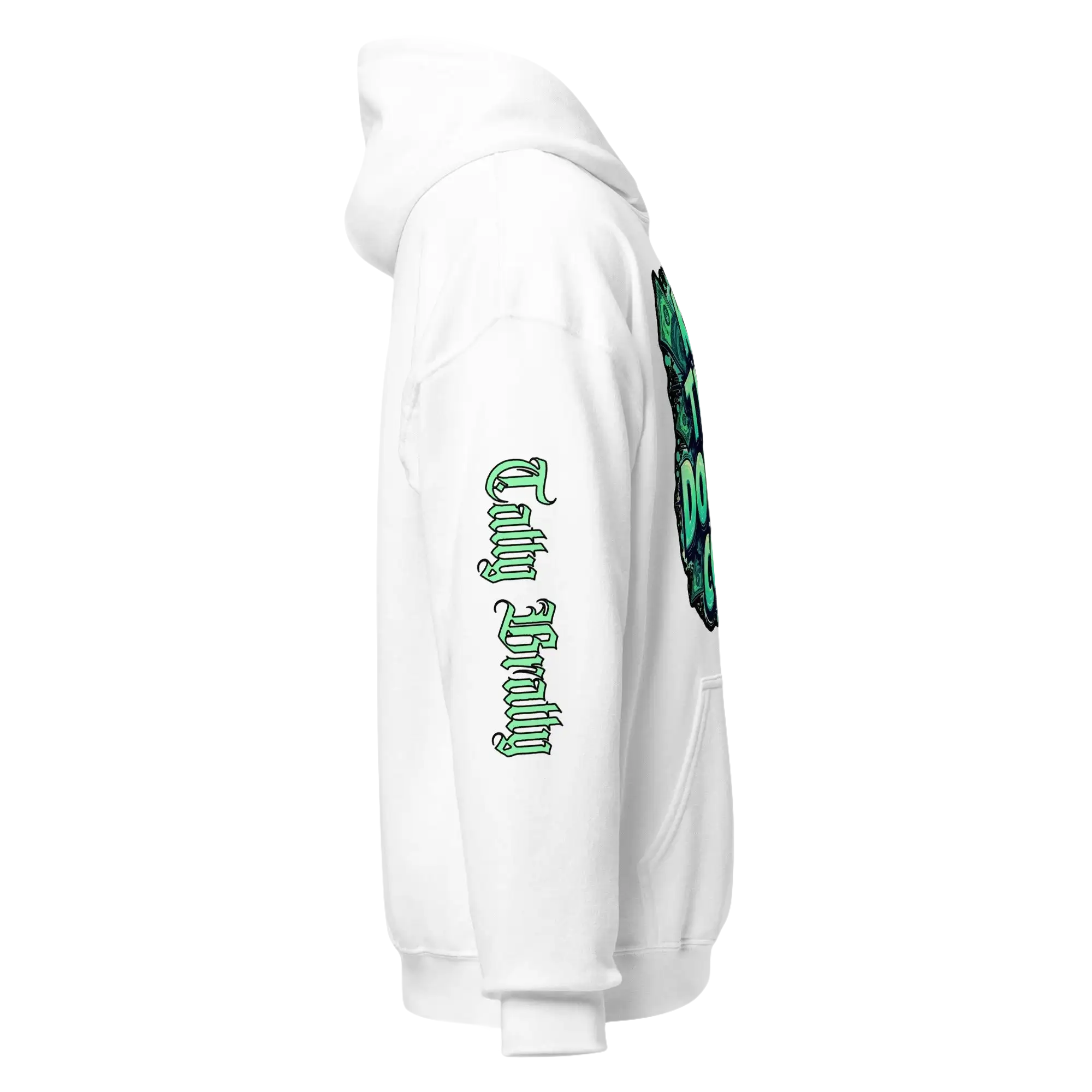 White hoodie with green design.