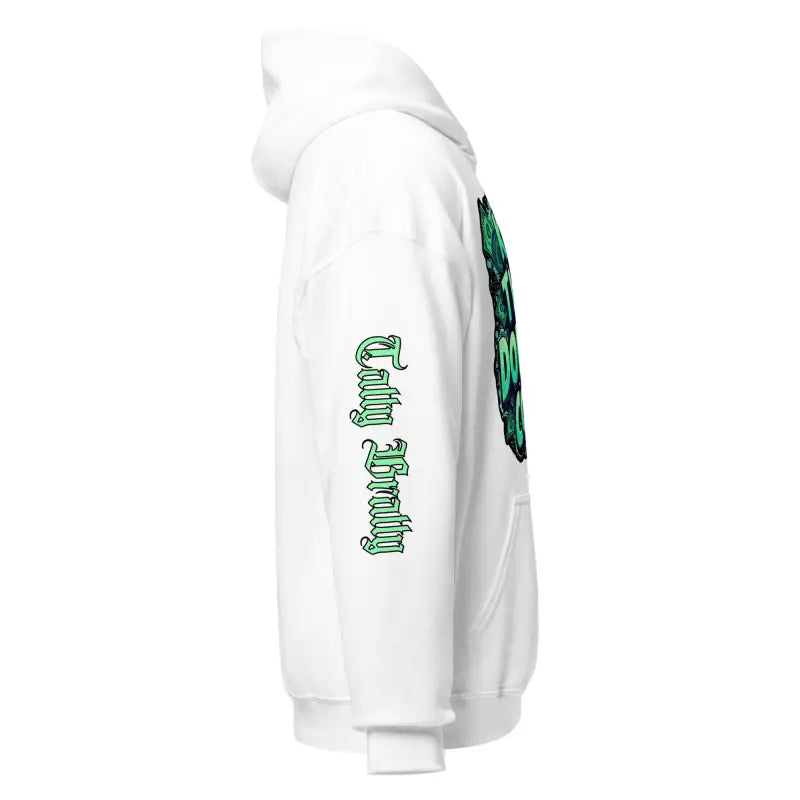 White hoodie with green design.