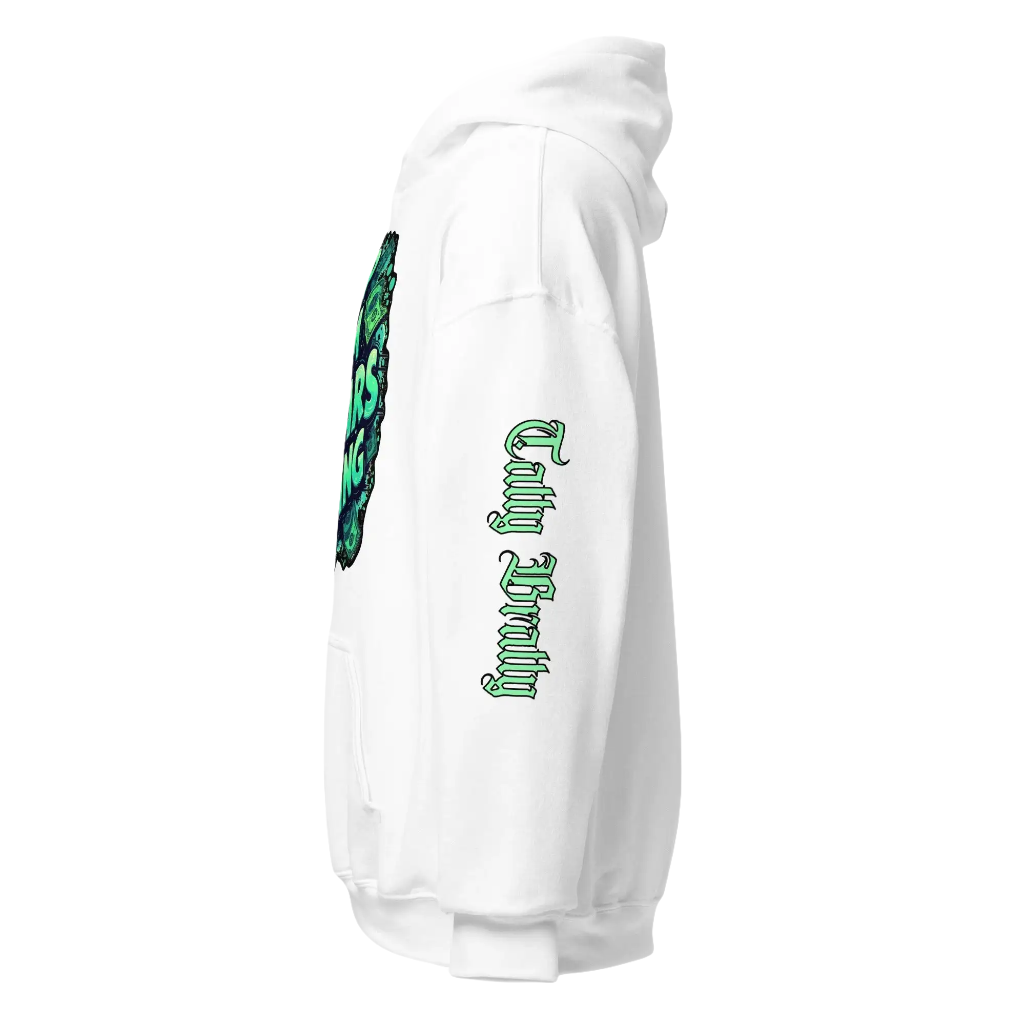 White hoodie with green graphics.