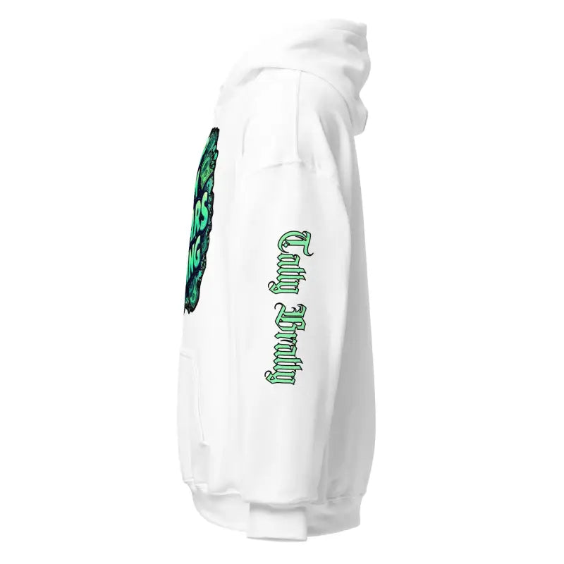 White hoodie with green graphics.