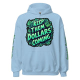 Light blue hoodie with money graphic.