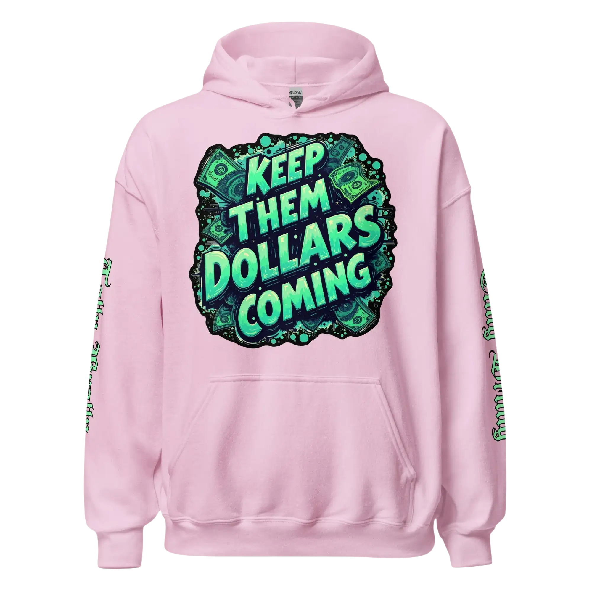 Pink hoodie with money graphic.