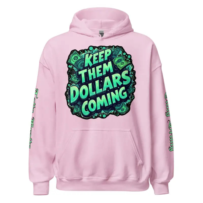 Pink hoodie with money graphic.