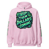 Pink hoodie with money graphic.