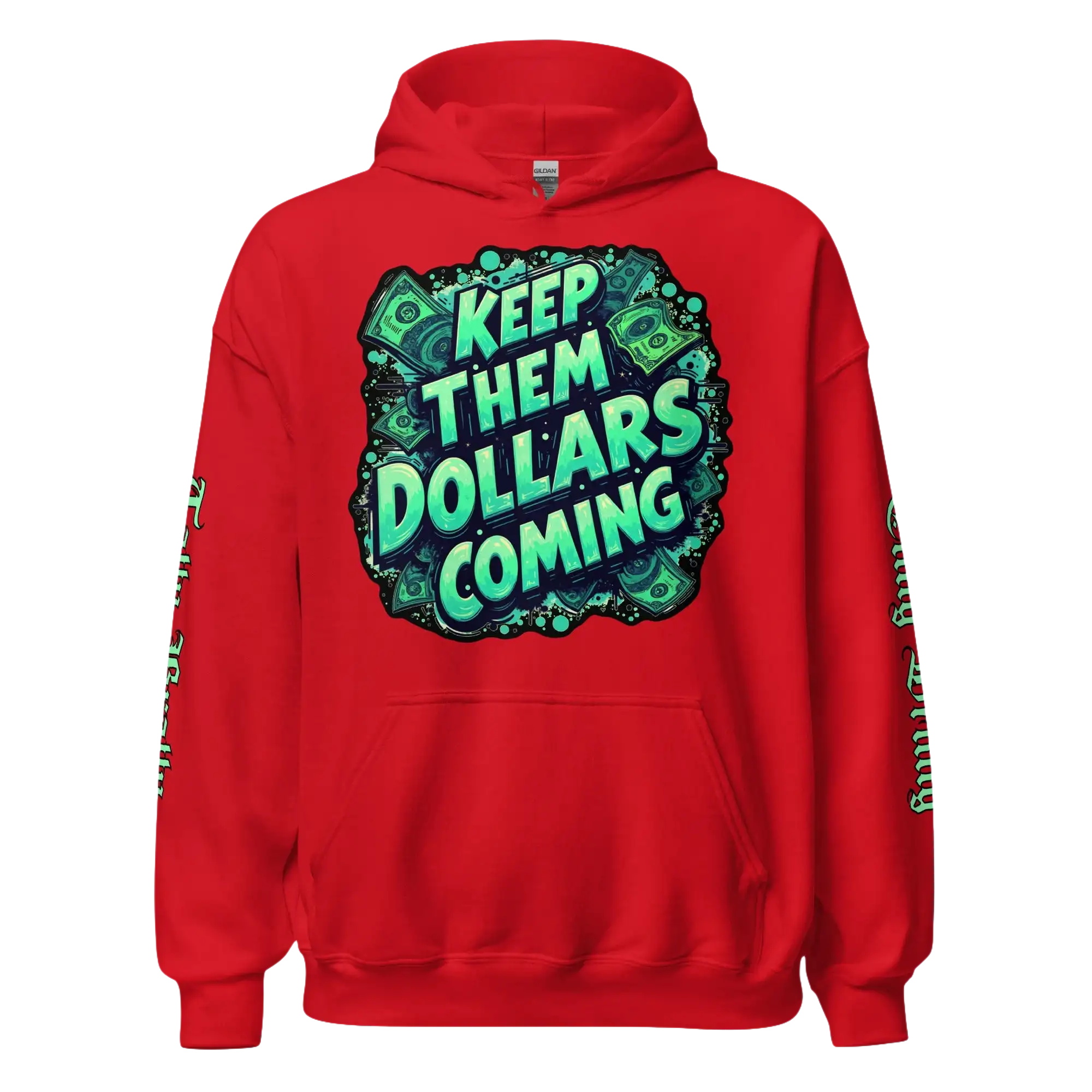 Red hoodie with money-themed graphic.