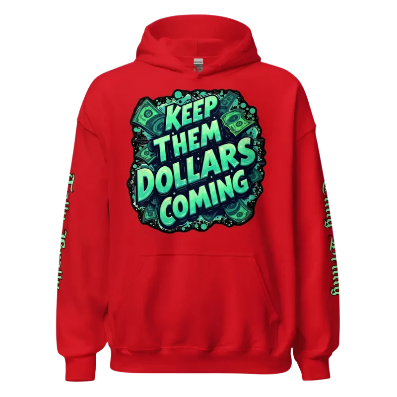 Red hoodie with money-themed graphic.