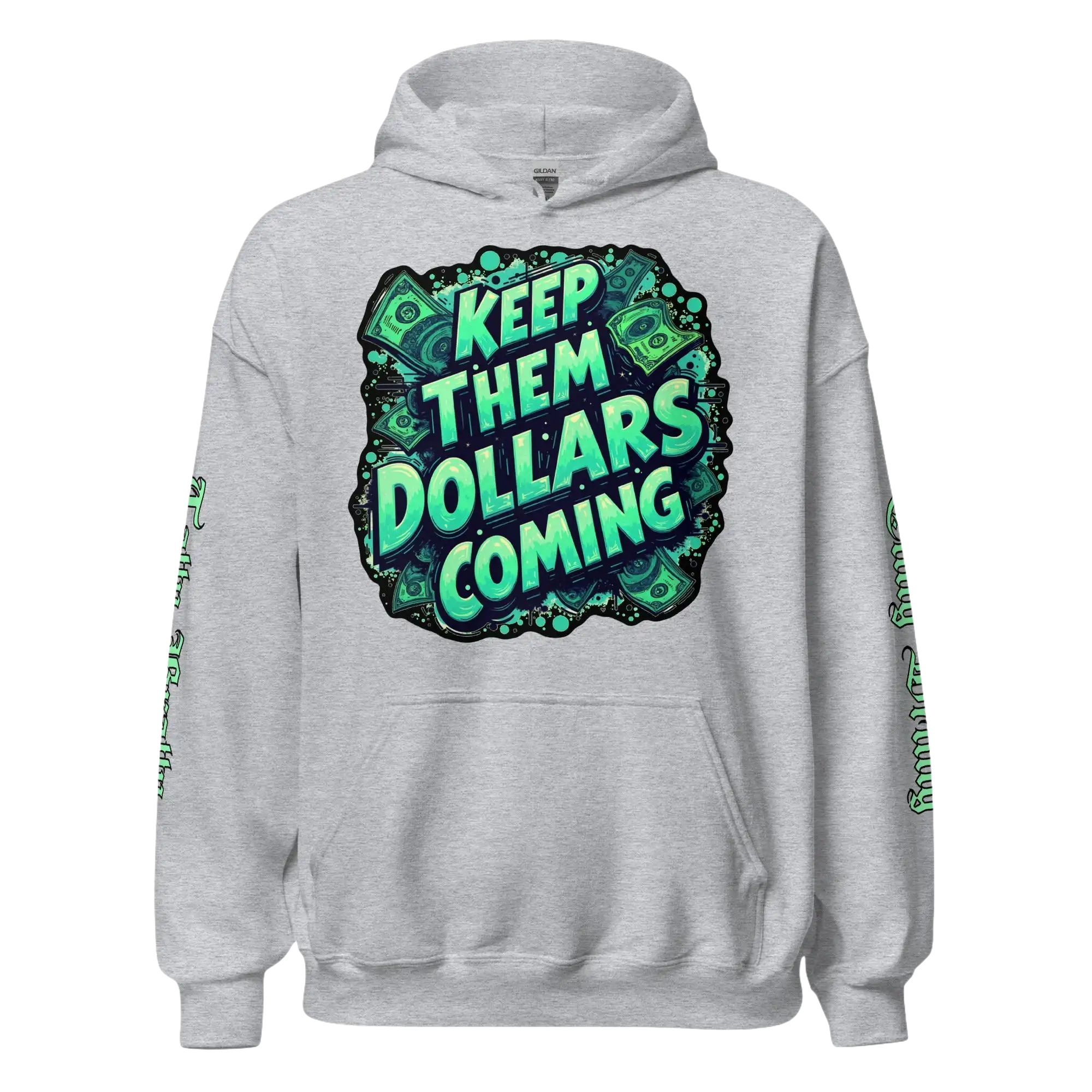 Gray hoodie with money-themed graphic.