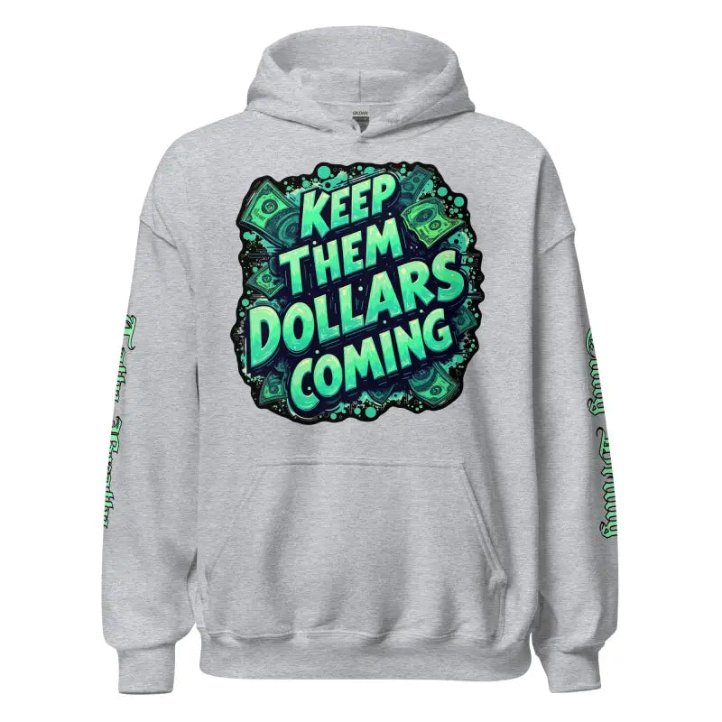 Gray hoodie with money-themed graphic.