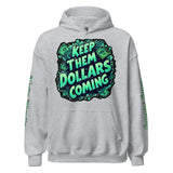 Gray hoodie with money-themed graphic.