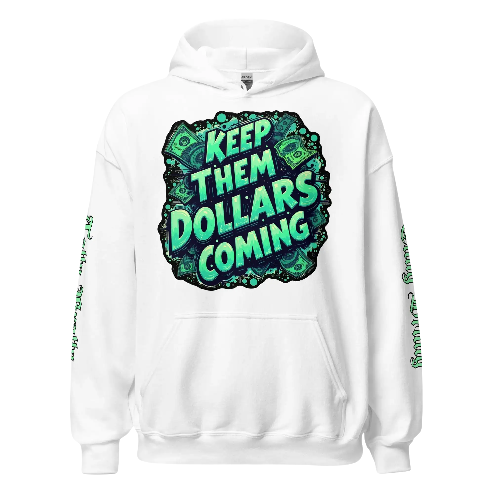 White hoodie with money graphic.