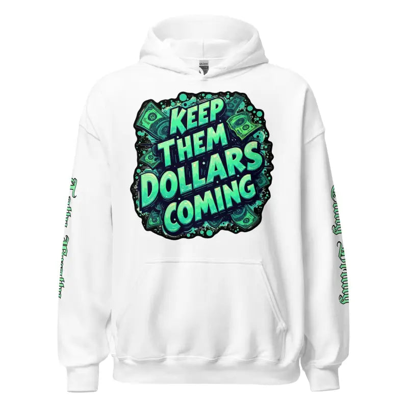 White hoodie with money graphic.