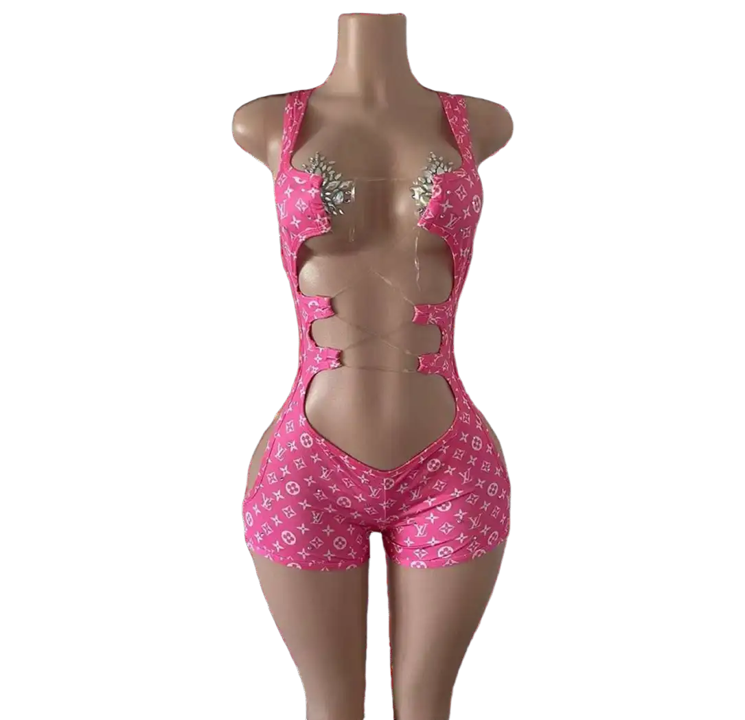 Pink patterned cut-out bodysuit.