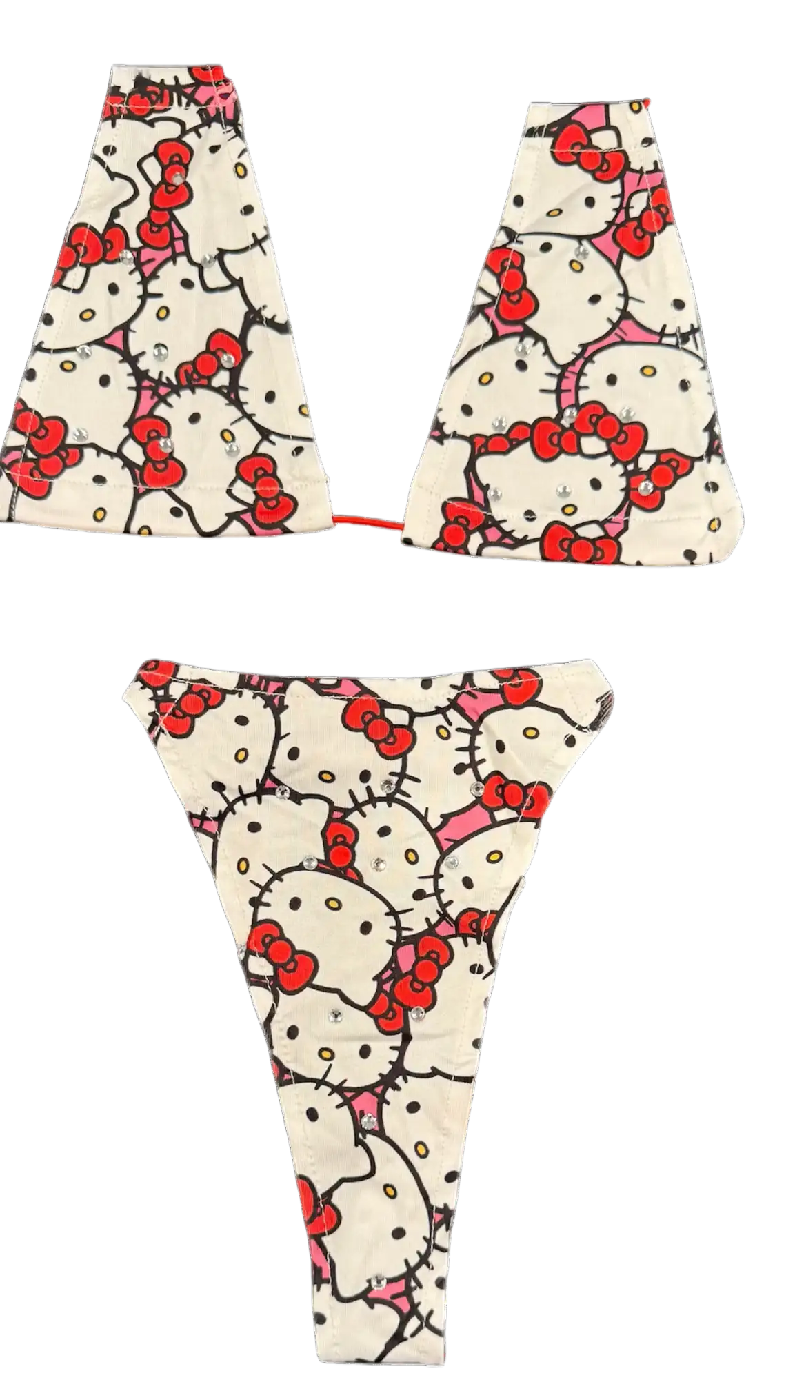 Hello kitty patterned leggings with red bows and white background.