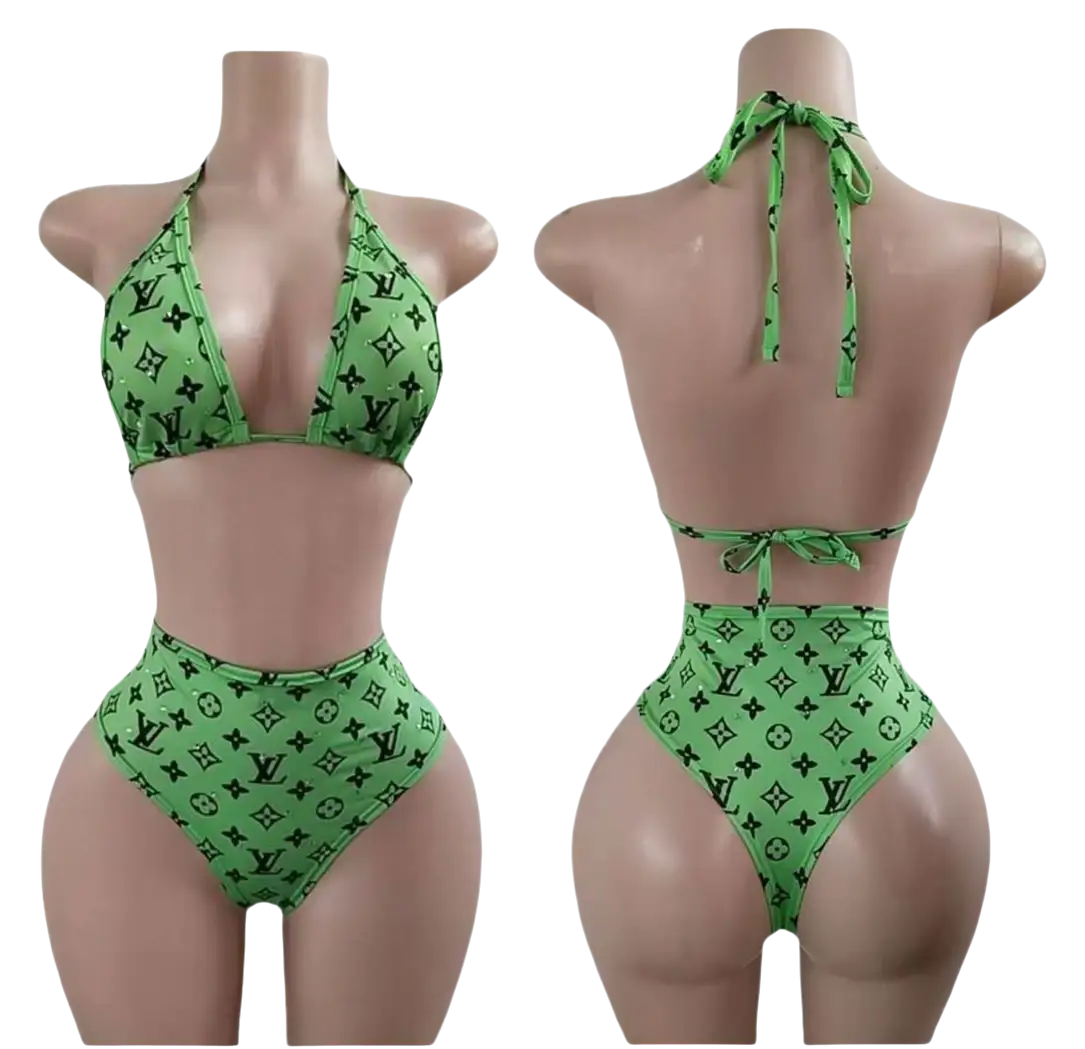 Green monogrammed two-piece swimsuit.