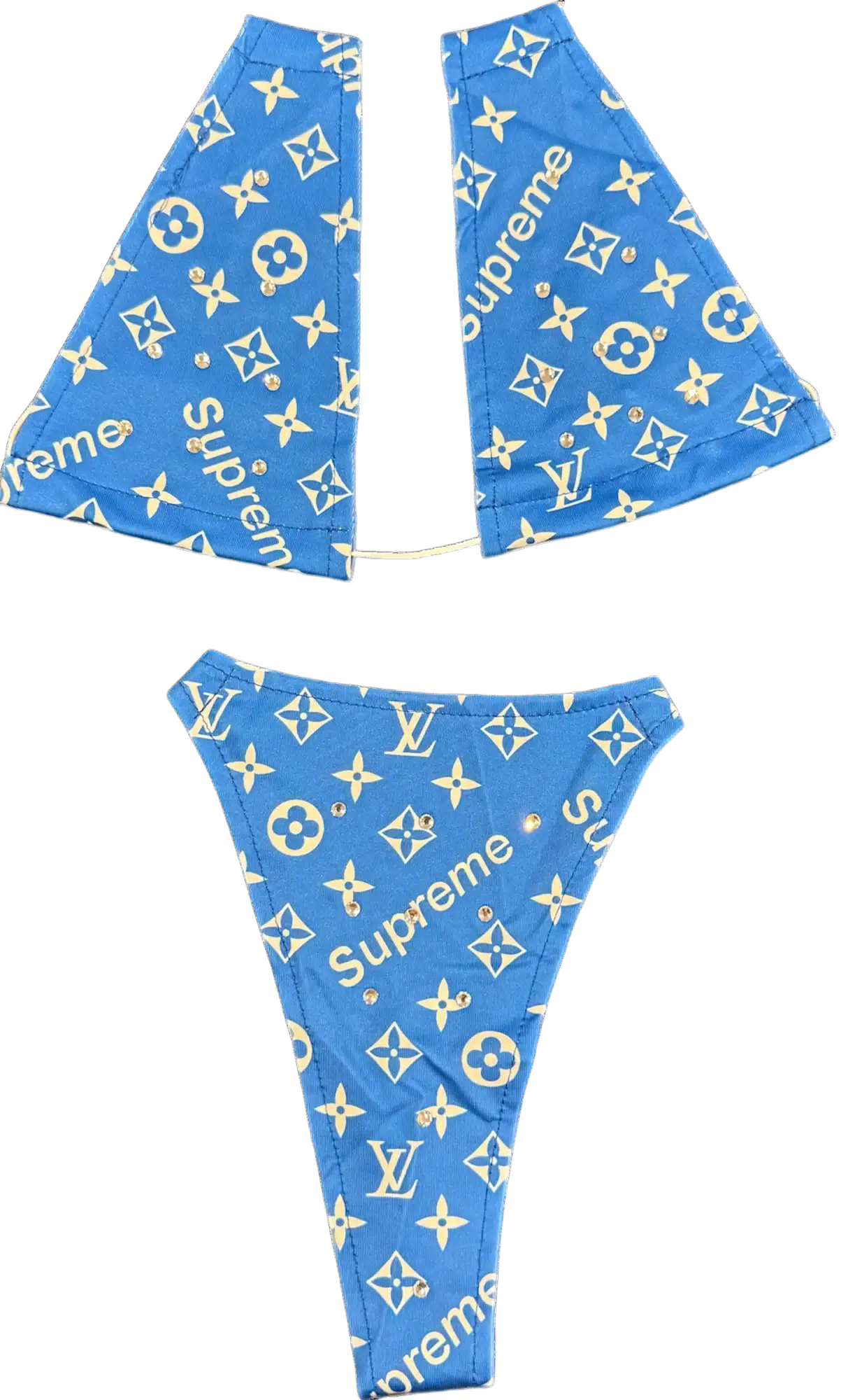 Blue bandana with louis vuitton and supreme logos.