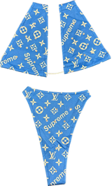 Blue bandana with louis vuitton and supreme logos.