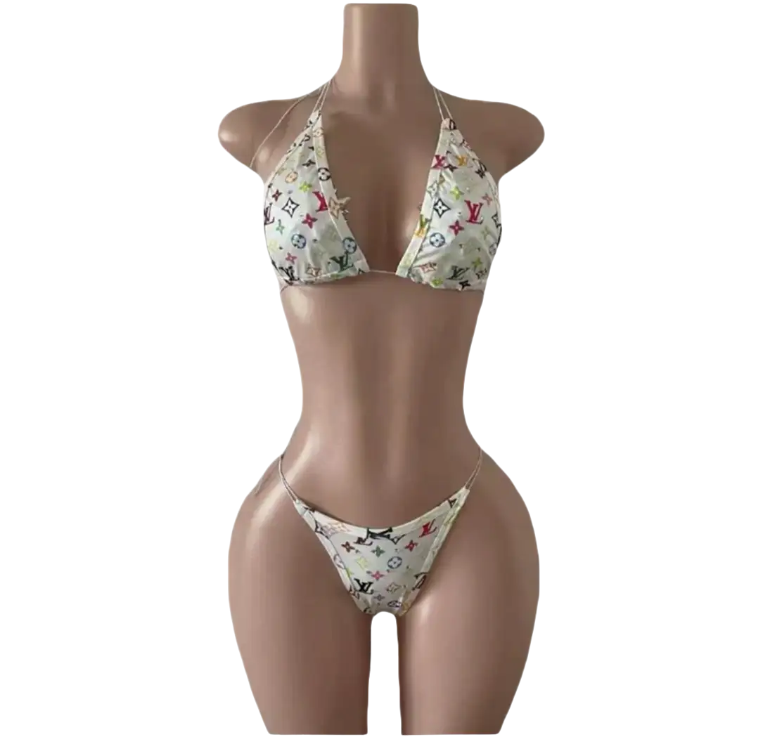 White bikini with designer print.