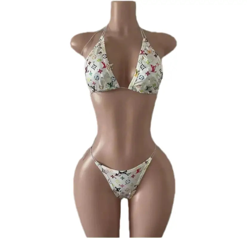 White bikini with designer print.