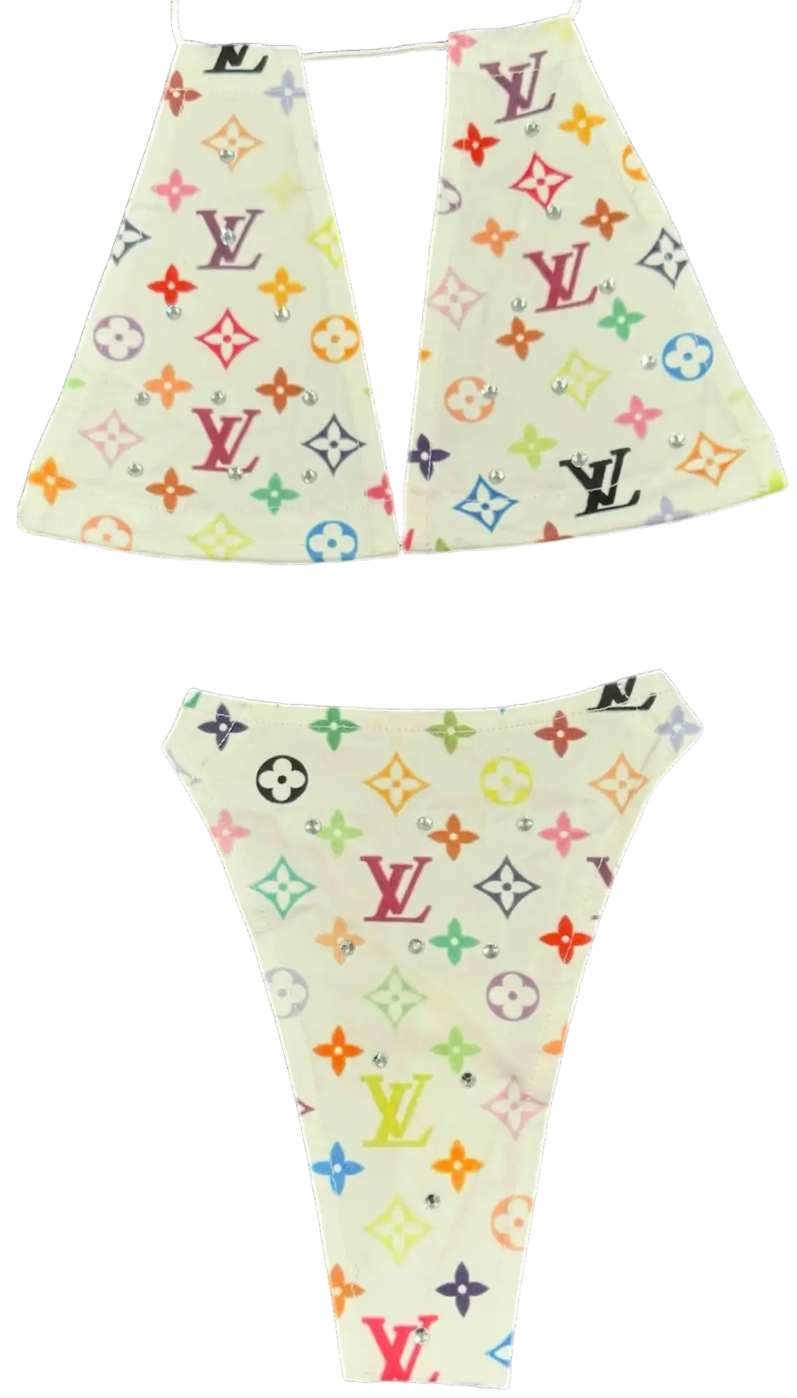White louis vuitton monogrammed baby onesie with colorful accents.