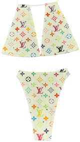 White louis vuitton monogrammed baby onesie with colorful accents.