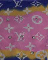 Pink and blue Louis Vuitton patterned fabric with rhinestones.