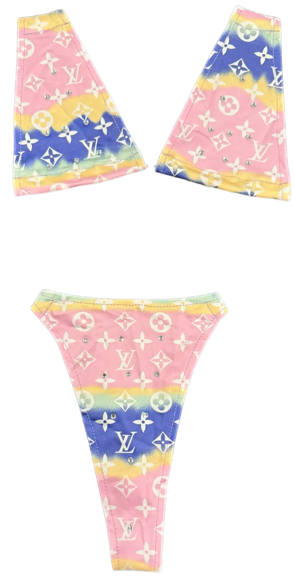 Pastel rainbow tie-dye louis vuitton sneakers with monogram pattern and white soles.