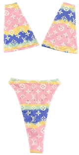 Pastel rainbow tie-dye louis vuitton sneakers with monogram pattern and white soles.