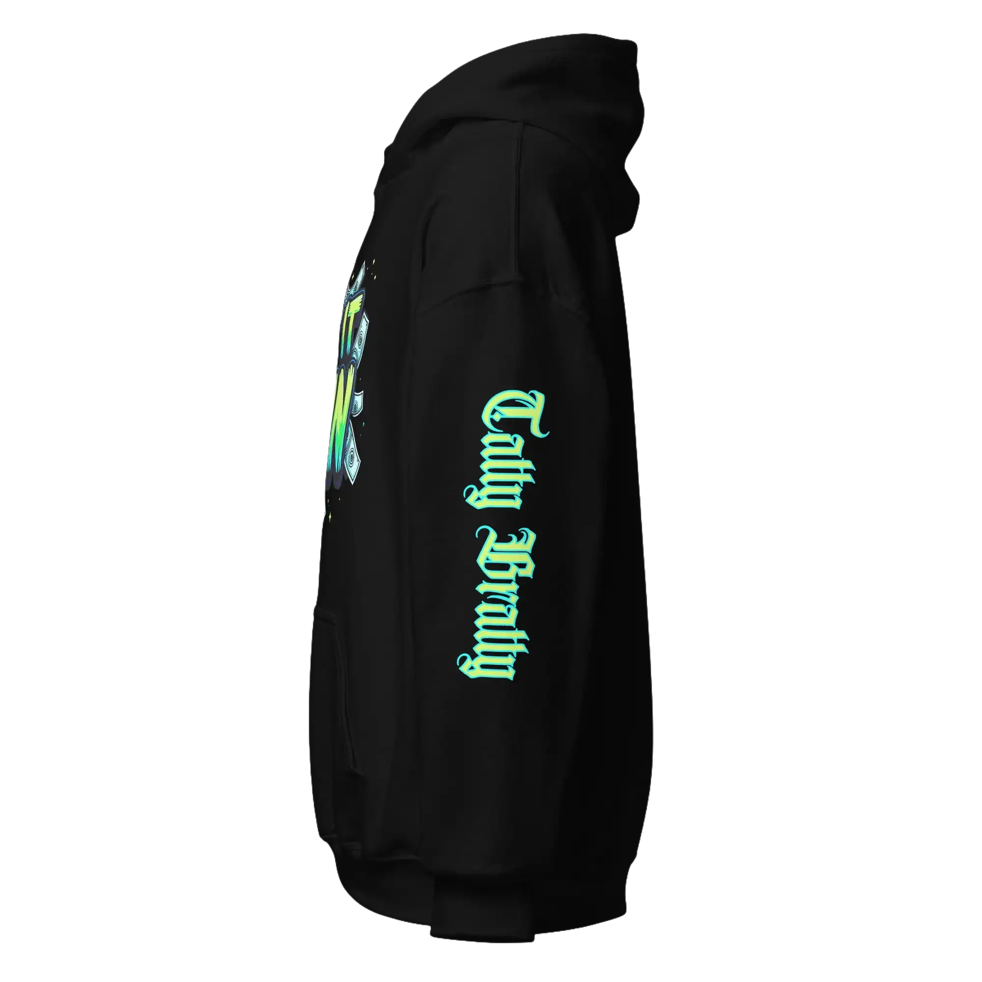 Black hoodie with green gothic text.