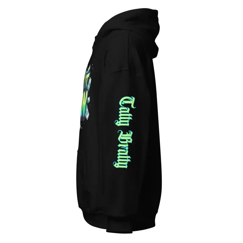 Black hoodie with green gothic text.