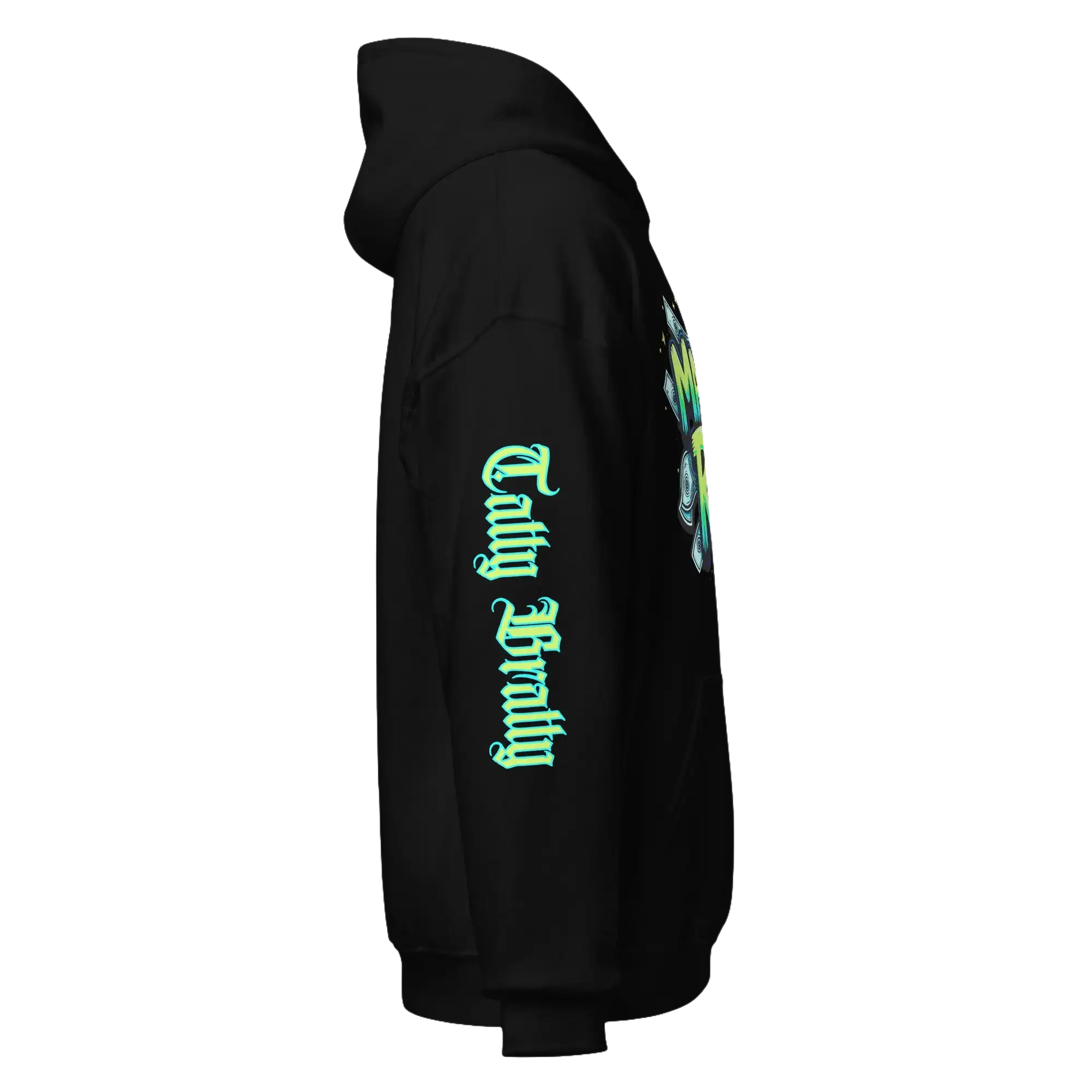 Black hooded sweatshirt.